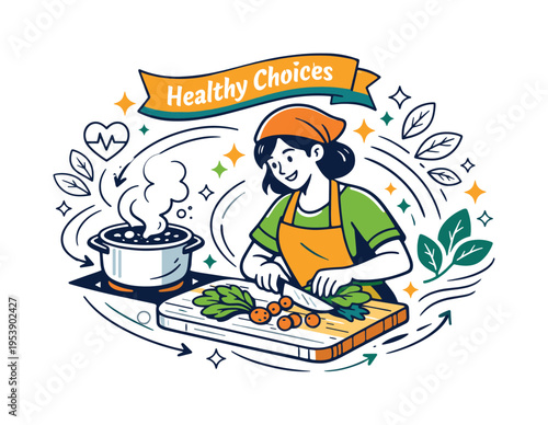 Home Kitchen Wellness. A cook chopping carrots and greens on a cutting board while a pot simmers gently nearby
