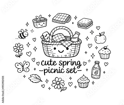 cute spring picnic set. Hand-drawn doodle illustration of cute spring picnic set. In the middle, one slightly