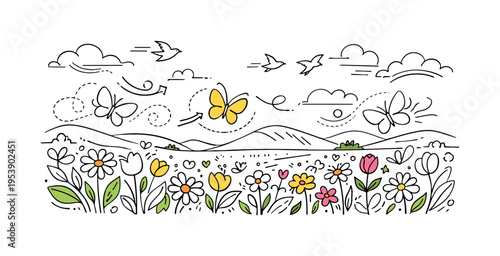 Colorful Spring Field. A panoramic view of a wildflower field with butterflies fluttering, a few birds flying