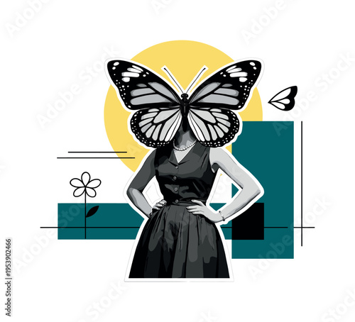 Surreal Butterfly Head. Modern graphic collage of a black and white vintage woman with a butterfly replacing
