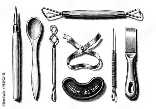 Collection of vintage pottery and sculpting tools arranged on a white background