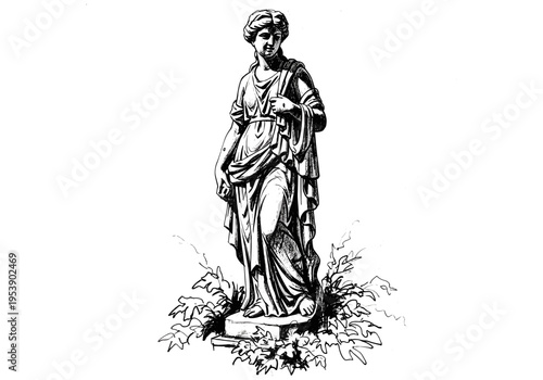 Elegant classical statue of a woman in flowing robes surrounded by foliage, black and white illustration