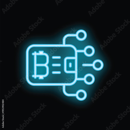 Glowing neon blue icon of a bitcoin wallet connecting to a blockchain network