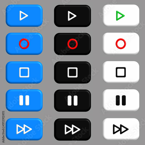 3D transport buttons set for media player interface, play, stop, pause, record and fast forward icons in red, black and white colors, UI UX design elements. Vector  illustration.