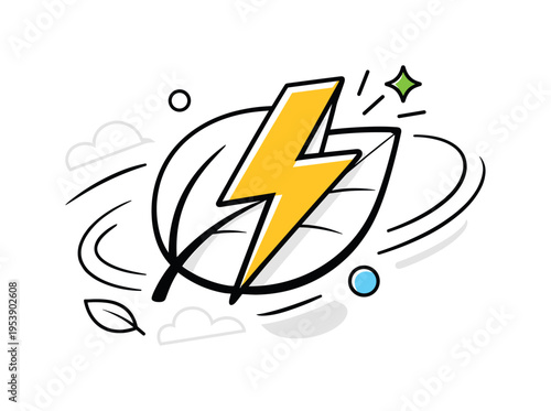 Clean energy concept. A bold geometric lightning bolt combined with a simple leaf shape, tiny spark accents