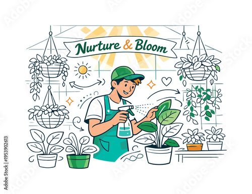 Indoor Plant Nursery Work. A gardener checking leaves while misting plants in a spacious greenhouse filled