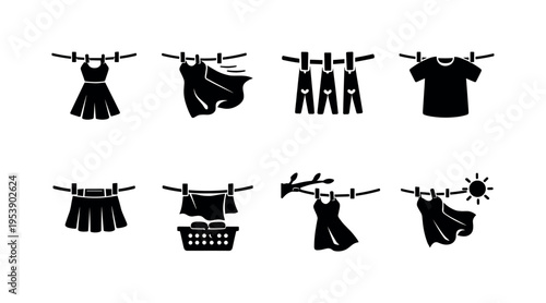 Clothesline Icon Set. Clothesline Dresses Blowing. Filled icon set of Clothesline Dresses Blowing: clothesline