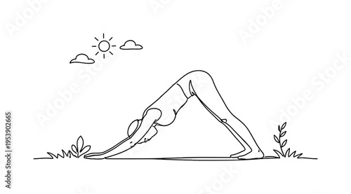 "Peaceful Park Yoga". Minimalistic one-line drawing individual in downward dog pose on simple grass line with