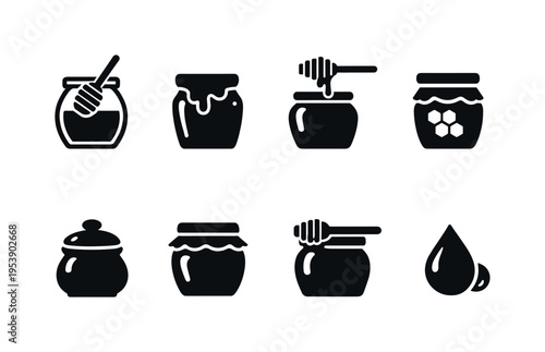 Honey pot outline collection. Filled icon set of Honey pot outline collection: glass honey jar with dipper,