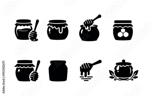 Honey jar dipper line art. Filled icon set of Honey jar dipper line art: honey jar with dipper, open honey jar