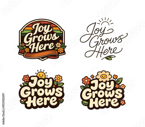 Joyful Lettering Variations. Joy Grows Here. Set lettering. 4 harmonious lettering variations of the same