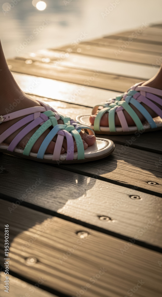 Fototapeta premium Summer Comfort: Pastel Sandals on a Sunny Wooden Dock by Shimmering Water