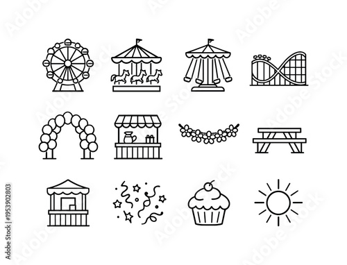amusement park spring fair. Line outline icon set of amusement park spring fair: ferris wheel, carousel, swing