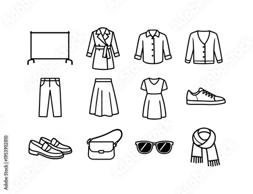 spring outfit basics outline set. Line outline icon set of spring outfit basics outline set: hanger rack,