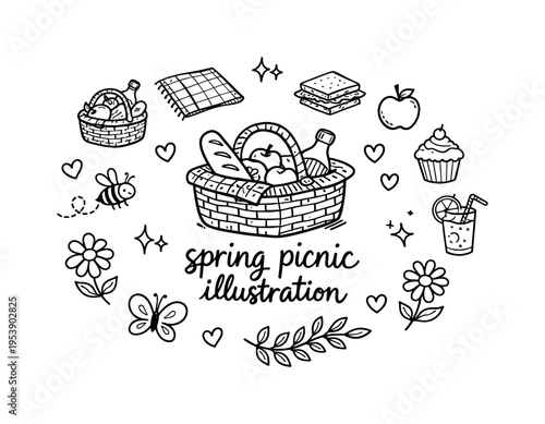 spring picnic illustration. Hand-drawn doodle illustration of spring picnic illustration. In the middle, one