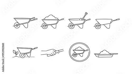 "Garden Tool Icons". Minimalistic set one-line drawing classic wheelbarrow with handles, wheelbarrow with soil