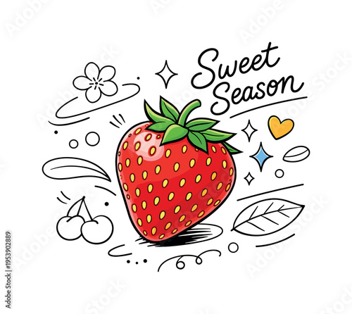 Fresh berry harvest. A bright red strawberry with tiny seeds and green leaves, just picked and slightly tilted