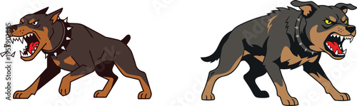 Vector illustration of two aggressive guard dogs facing each other, snarling with bared teeth. Stylized cartoon design with bold outlines, isolated on white background,