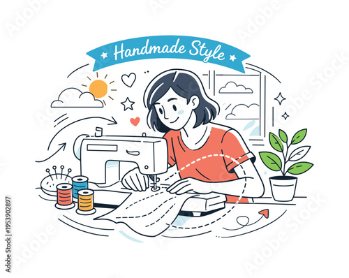 Sewing at Home. A person sitting at a sewing machine near a bright window, guiding fabric smoothly under the