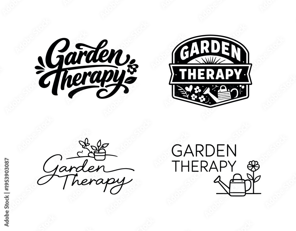 Obraz premium Garden Therapy. Set lettering. 4 harmonious lettering variations of the same emblematic concept, each with