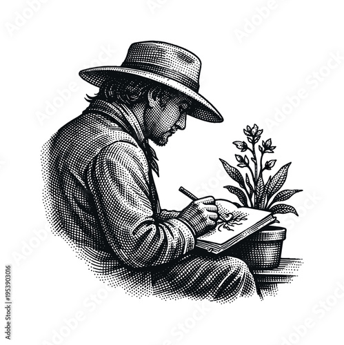 Side view of a seated botanist sketching a plant with a notebook, figure slightly cropped by the frame edge,