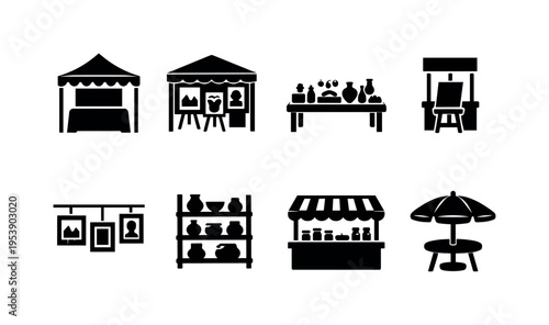 Art Fair Booths. Filled icon set of Art Fair Booths: canopy booth tent, booth with paintings display, craft