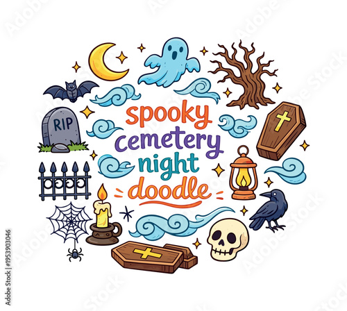 spooky cemetery night doodle. Hand drawn illustration of spooky cemetery night doodle. tombstone, floating