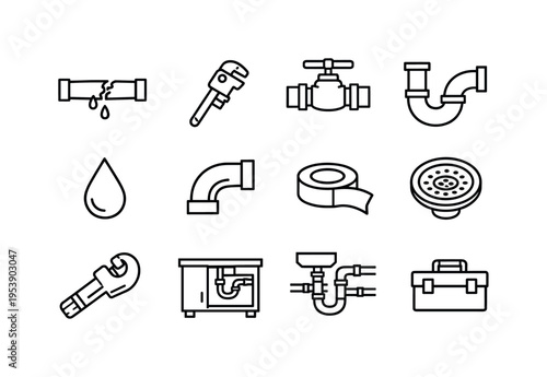 Kitchen Plumbing Repair. Line outline icon set of Kitchen Plumbing Repair: leaking pipe, plumber wrench, shut