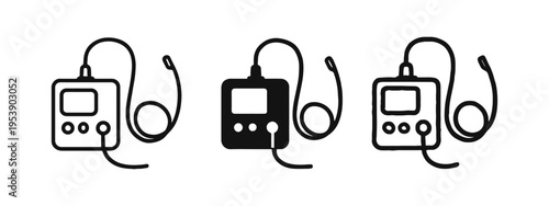 Portable electronic device icon with wires, digital player, media gadget, music device vector illustration.