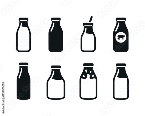 Fresh milk bottle outline. Filled icon set of Fresh milk bottle outline: glass milk bottle with cap, vintage