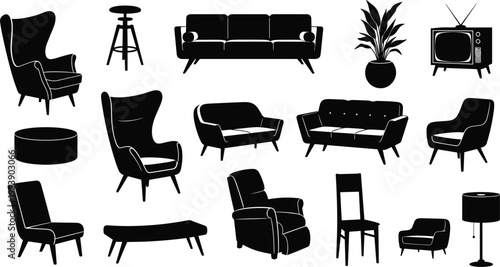 Modern furniture silhouettes, black sofa and armchair icons, interior home decor elements, living room chair and couch collection, vector illustration for architecture,