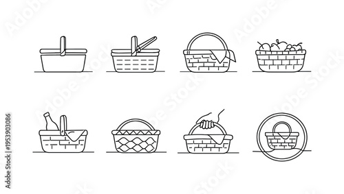 "Picnic Basket". Minimalistic set one-line drawing closed picnic basket, open basket with lid, basket with