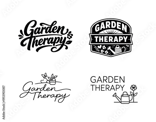 Garden Therapy. Set lettering. 4 harmonious lettering variations of the same emblematic concept, each with