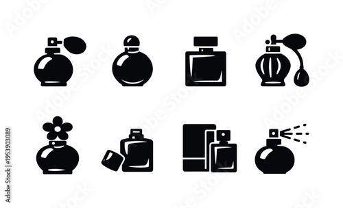 Spring Perfume Bottle. Filled icon set of Spring Perfume Bottle: perfume bottle with atomizer, round perfume
