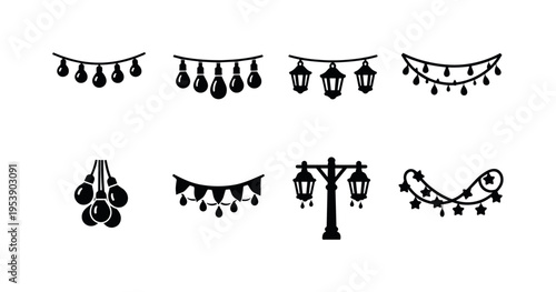 Outdoor Lights Garland. Filled icon set of Outdoor Lights Garland: string lights, hanging bulbs, lantern