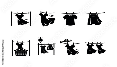 Clothesline Dresses Blowing. Filled icon set of Clothesline Dresses Blowing: clothesline with dress, dress