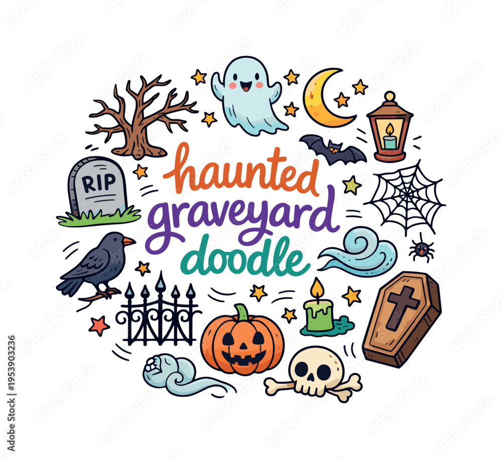 Fototapeta premium haunted graveyard doodle. Hand drawn illustration of haunted graveyard doodle. tombstone, ghost, crescent moon