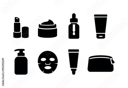 Skincare Essentials. Filled icon set of Skincare Essentials: lip balm, face cream jar, serum dropper bottle,