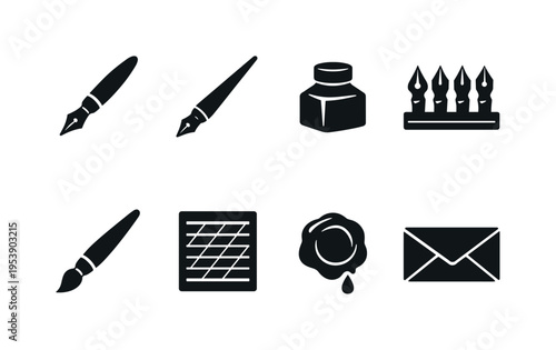 Calligraphy Tools. Filled icon set of Calligraphy Tools: fountain pen, dip pen, ink bottle, nib set, brush pen