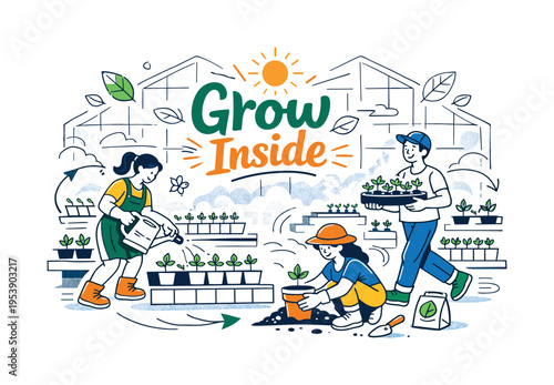 Spring Plant Nursery. A spacious greenhouse interior with potted seedlings arranged in geometric patterns,