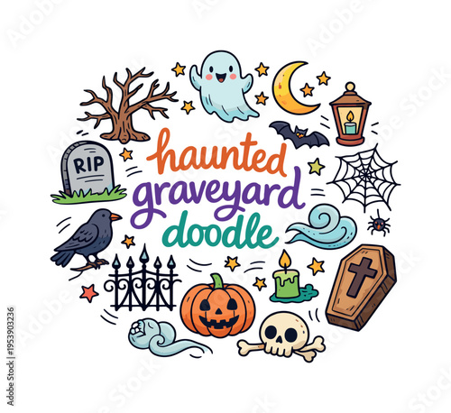 haunted graveyard doodle. Hand drawn illustration of haunted graveyard doodle. tombstone, ghost, crescent moon