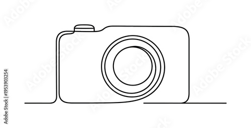 "Photography Icon". Minimalistic one-line drawing compact camera shape with smooth rectangular body and lens