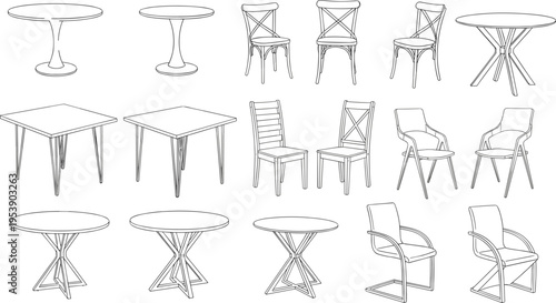Modern furniture collection, round pedestal tables, square dining tables, wooden cross back chairs, minimalist metal base chairs, vector line art