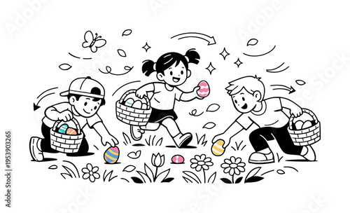 Joyful Easter Egg Hunt. Easter Egg Hunt. Children happily searching for colorful eggs hidden among blooming