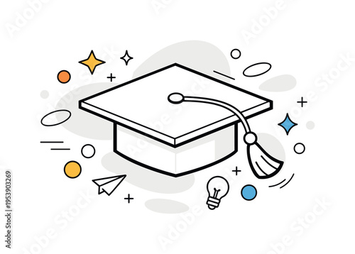 Graduation cap achievement concept. A bold geometric graduation cap centered in composition, tassel slightly