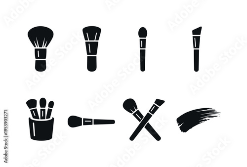 Makeup Brushes. Filled icon set of Makeup Brushes: powder brush, foundation brush, eyeshadow brush, angled