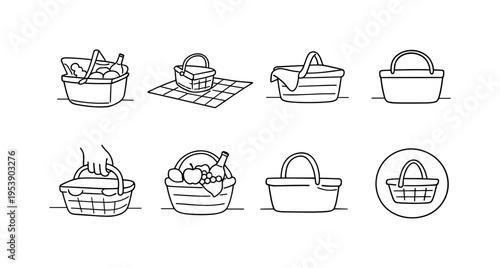 "Outdoor Picnic Icons". Minimalistic set one-line drawing basket with lid open showing food, picnic blanket
