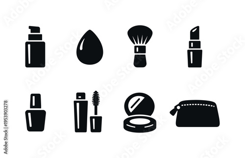 Cosmetic Essentials. Filled icon set of Cosmetic Essentials: foundation bottle, makeup sponge, powder brush,