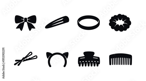 Hair Accessories. Filled icon set of Hair Accessories: ribbon bow, hair clip, hair band, scrunchie, bobby pins