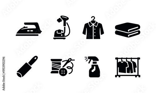 Clothing Maintenance. Filled icon set of Clothing Maintenance: steam iron, garment steamer, shirt on hanger,